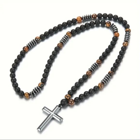 8mm Black Obsiden & Tiger Eye Natural Stone Bead Necklace & Cross for Men/Women - Picture 4 of 8